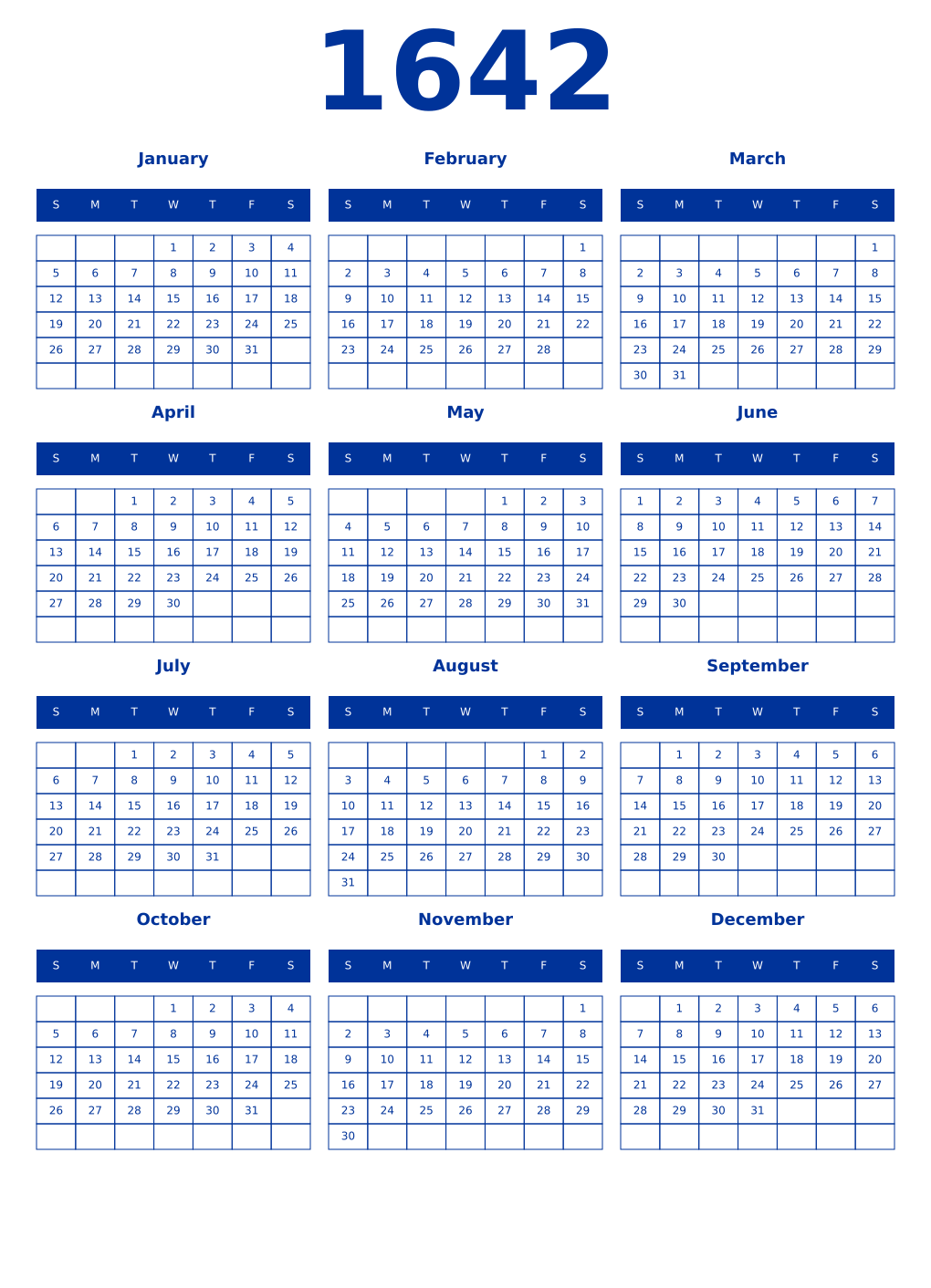 Printable 1642 Year Calendars smalt