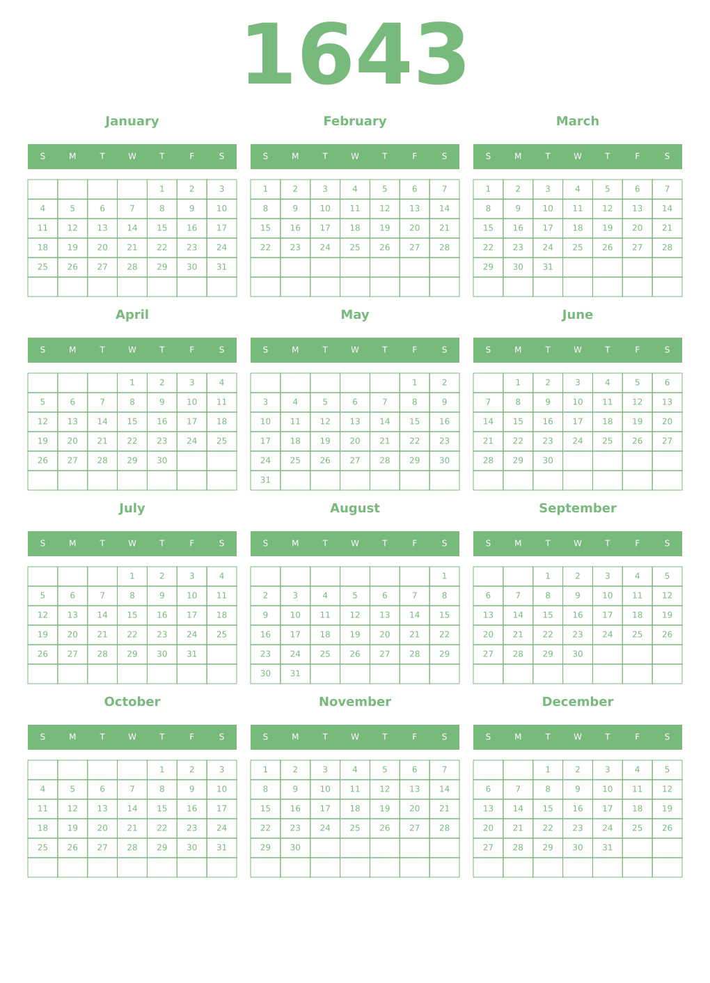 Printable 1643 Year Calendars celadon