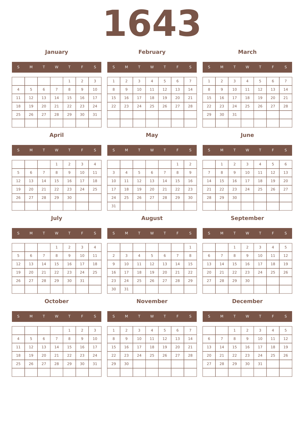 Printable 1643 Year Calendars coffe