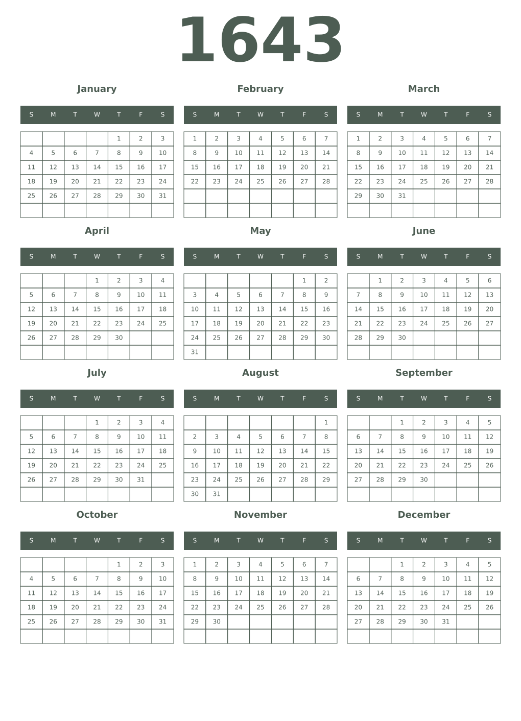Printable 1643 Year Calendars feldgrau