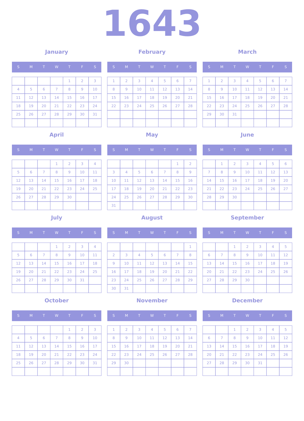 Printable 1643 Year Calendars periwinkle
