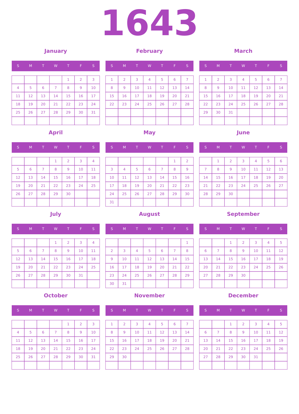 Printable 1643 Year Calendars purple