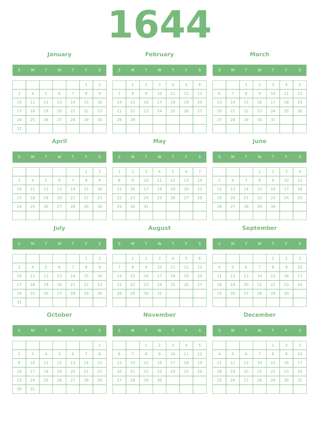 Printable 1644 Year Calendars celadon
