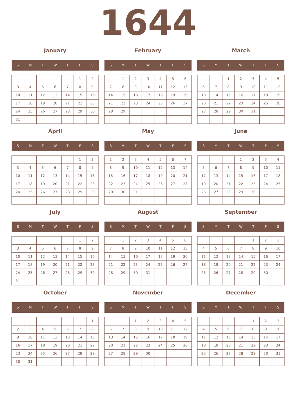 Printable 1644 Year Calendars coffe
