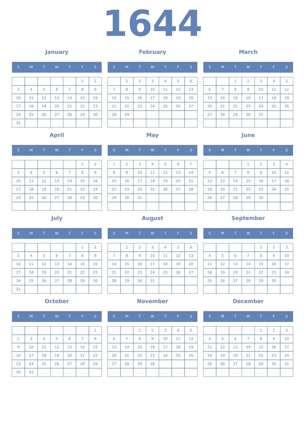 Printable 1644 Year Calendars glaucous