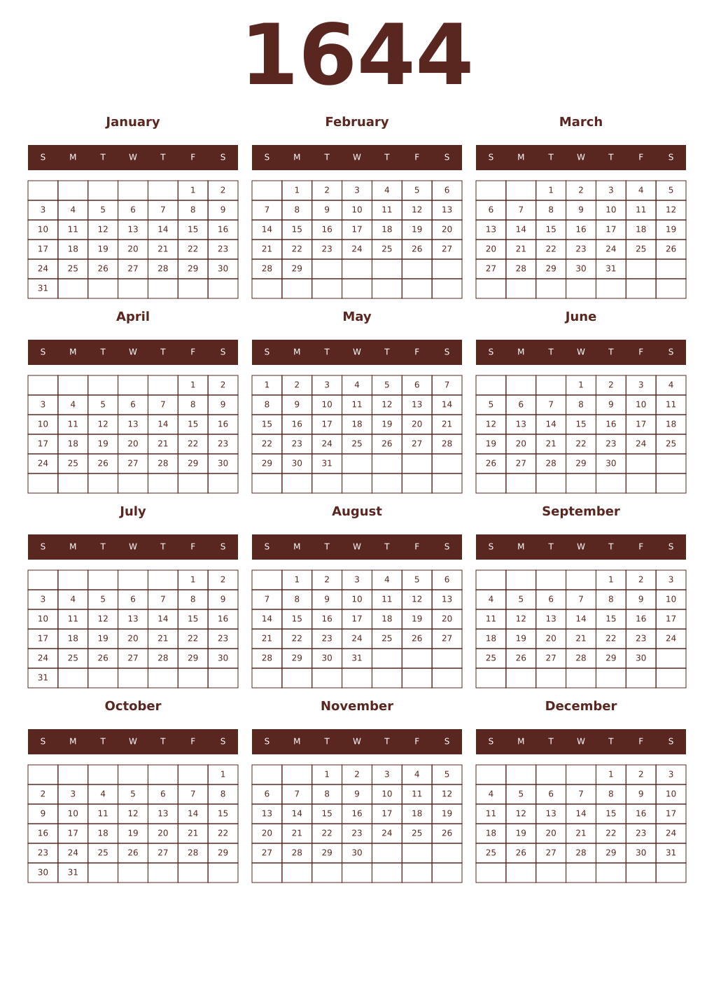 Printable 1644 Year Calendars mortuum