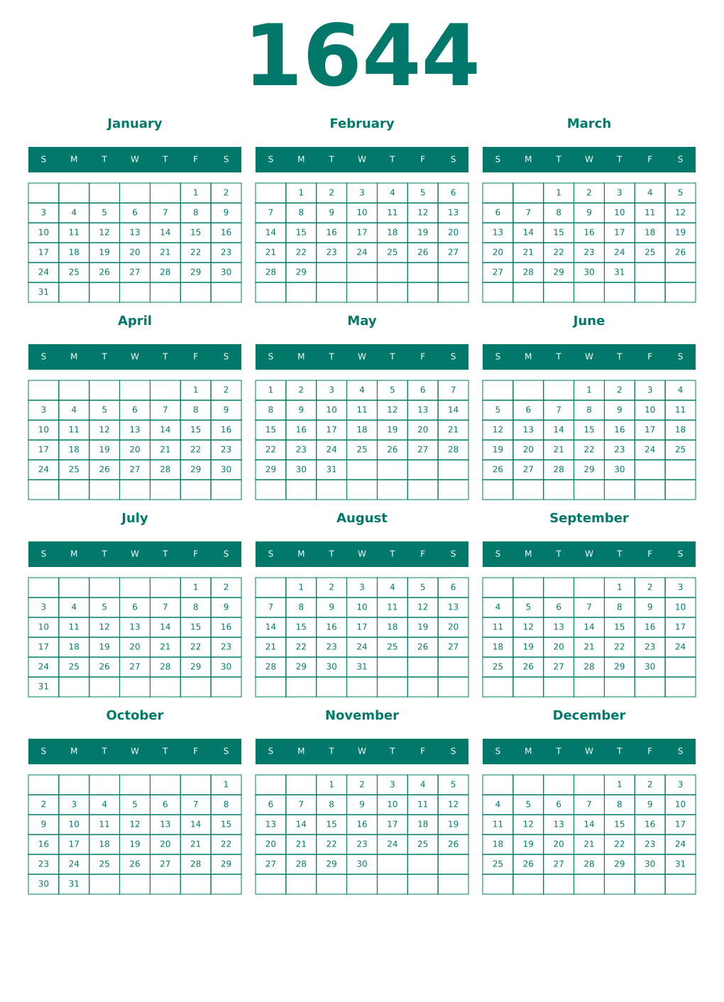 Printable 1644 Year Calendars pastel