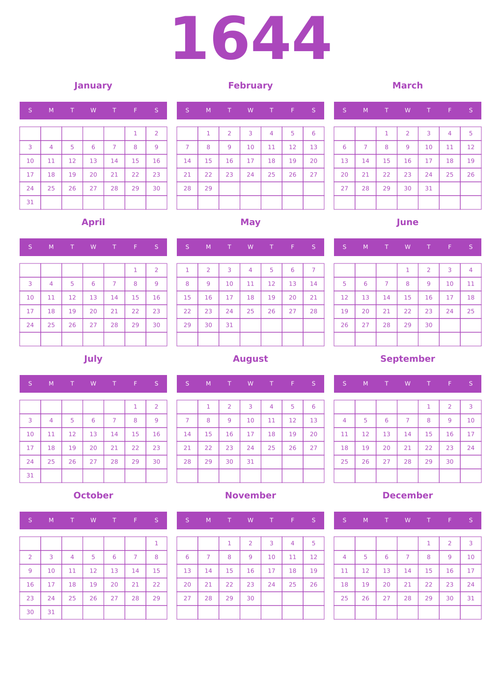 Printable 1644 Year Calendars purple