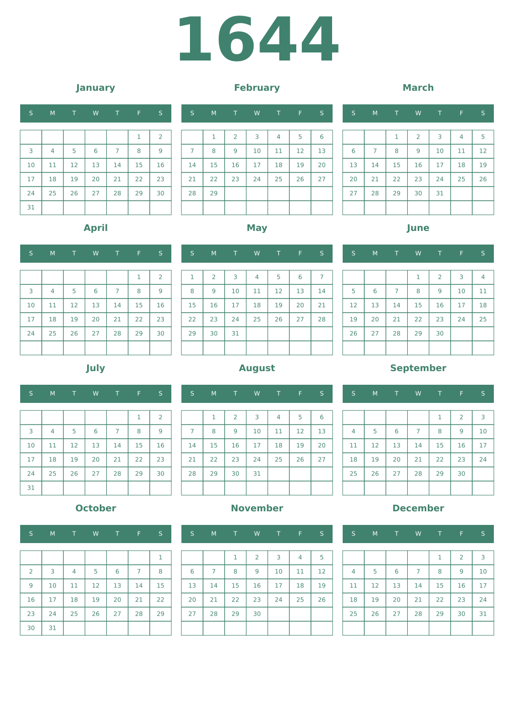 Printable 1644 Year Calendars viridian