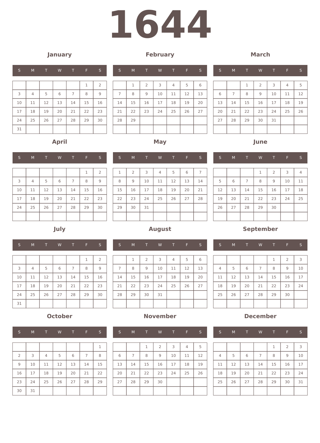 Printable 1644 Year Calendars wenge