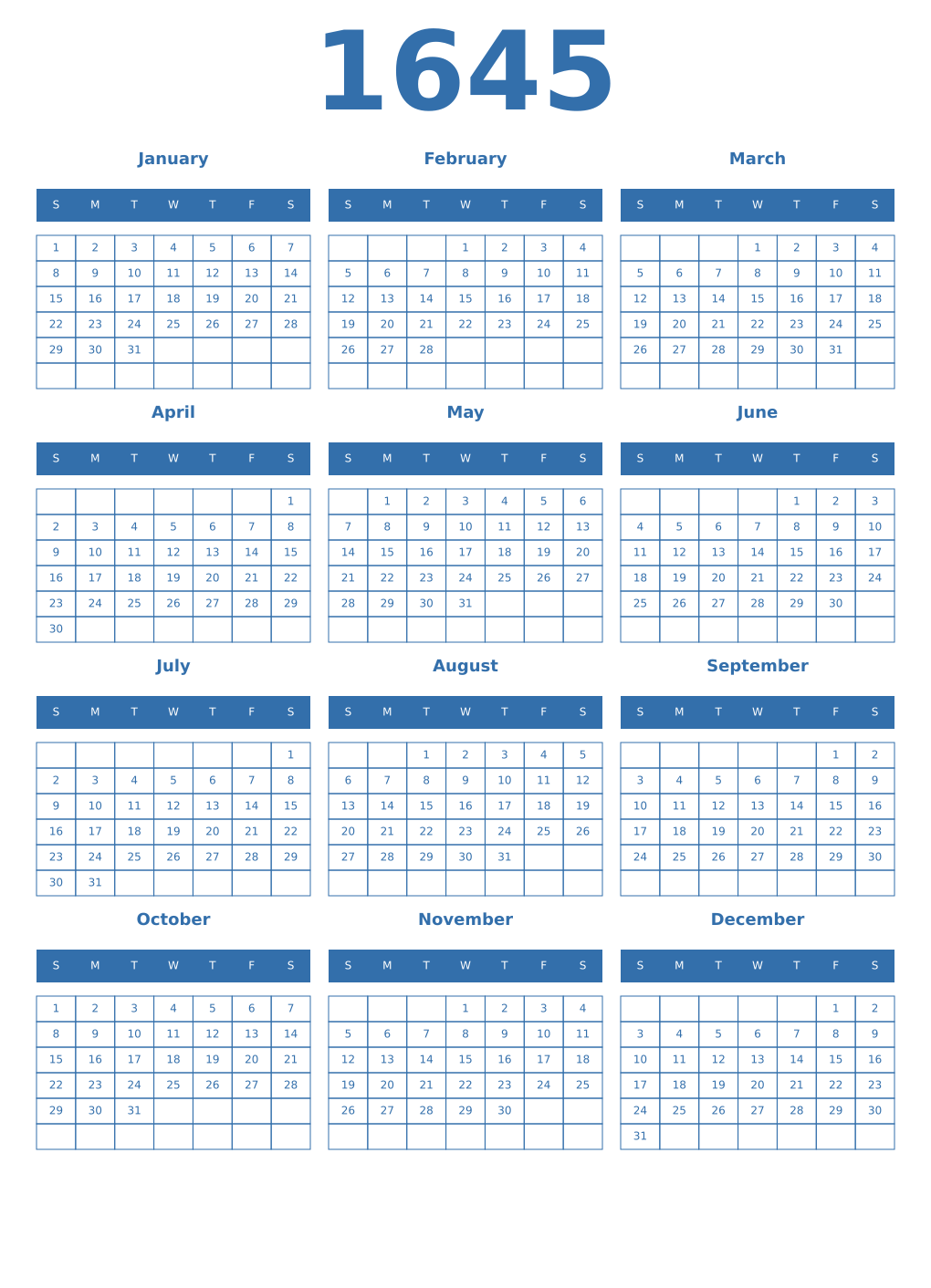Printable 1645 Year Calendars blue