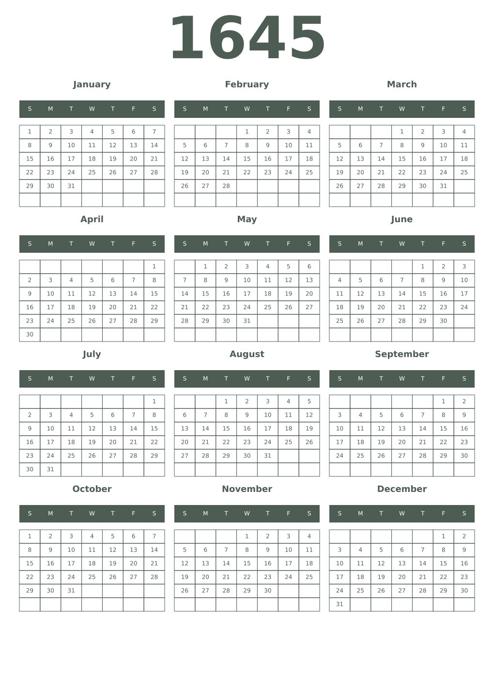 Printable 1645 Year Calendars feldgrau