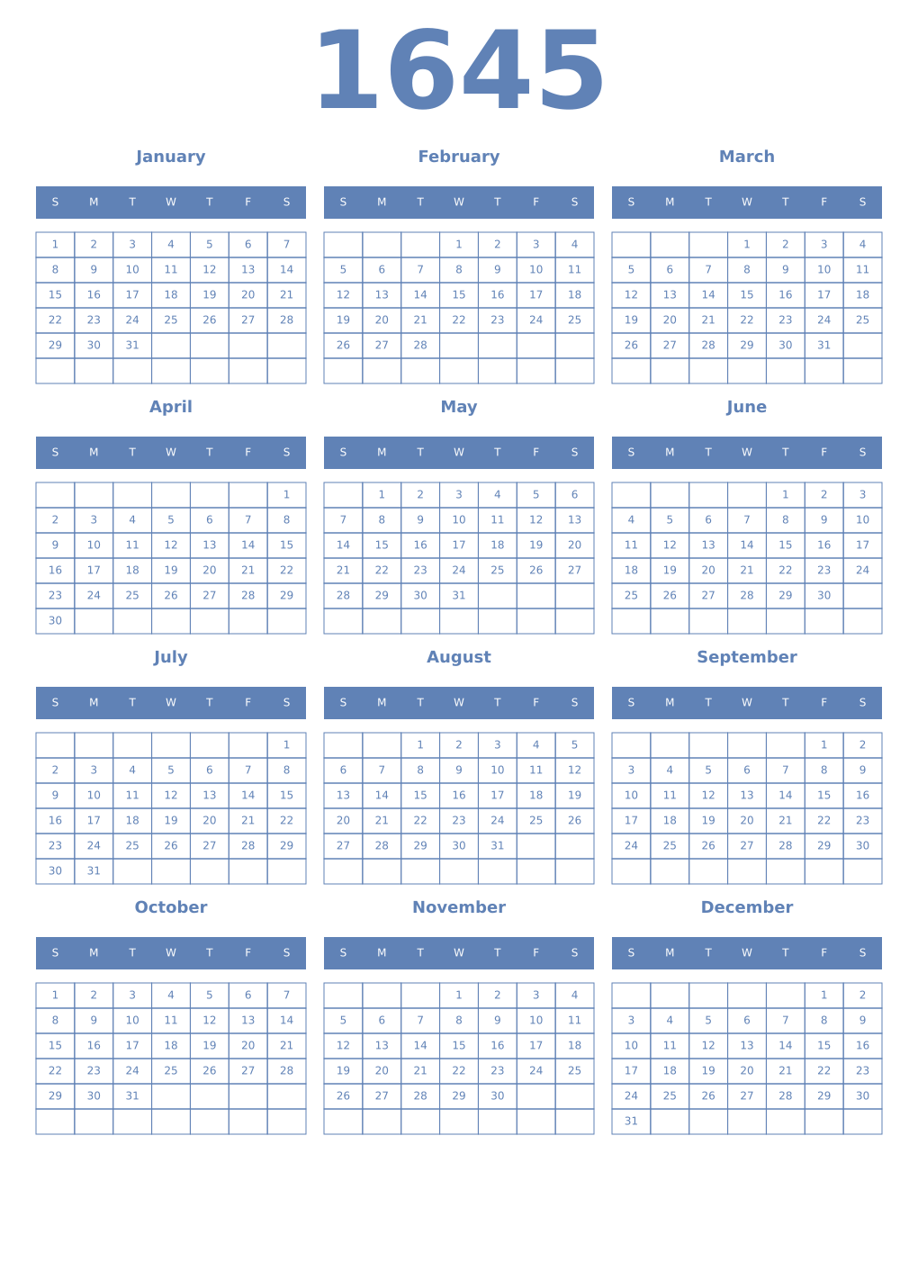 Printable 1645 Year Calendars glaucous