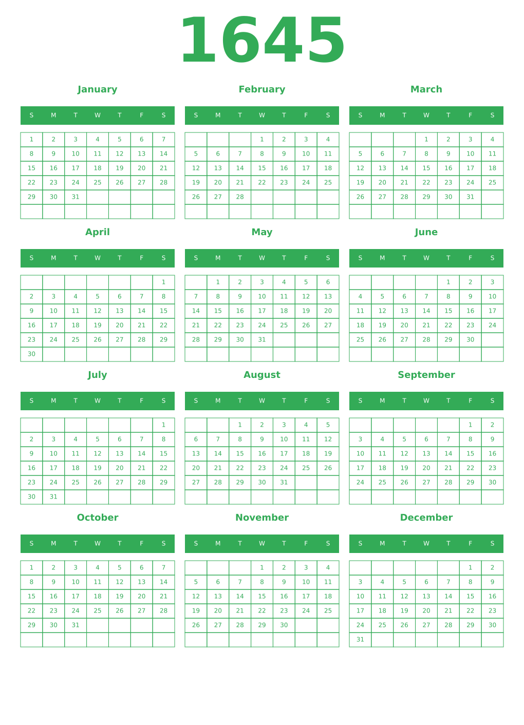 Printable 1645 Year Calendars green