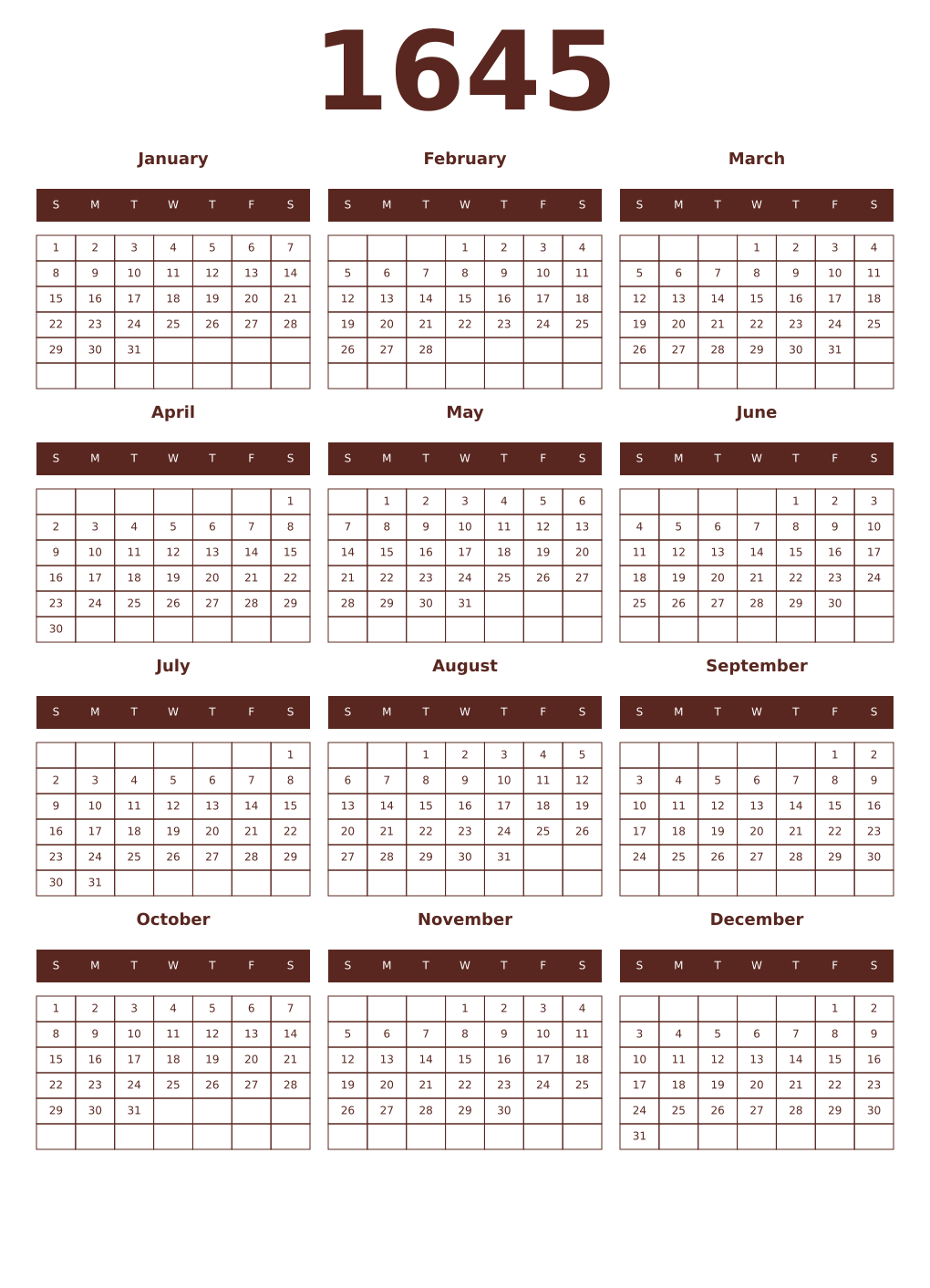 Printable 1645 Year Calendars mortuum