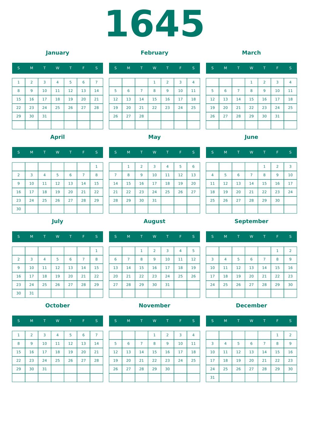 Printable 1645 Year Calendars pastel