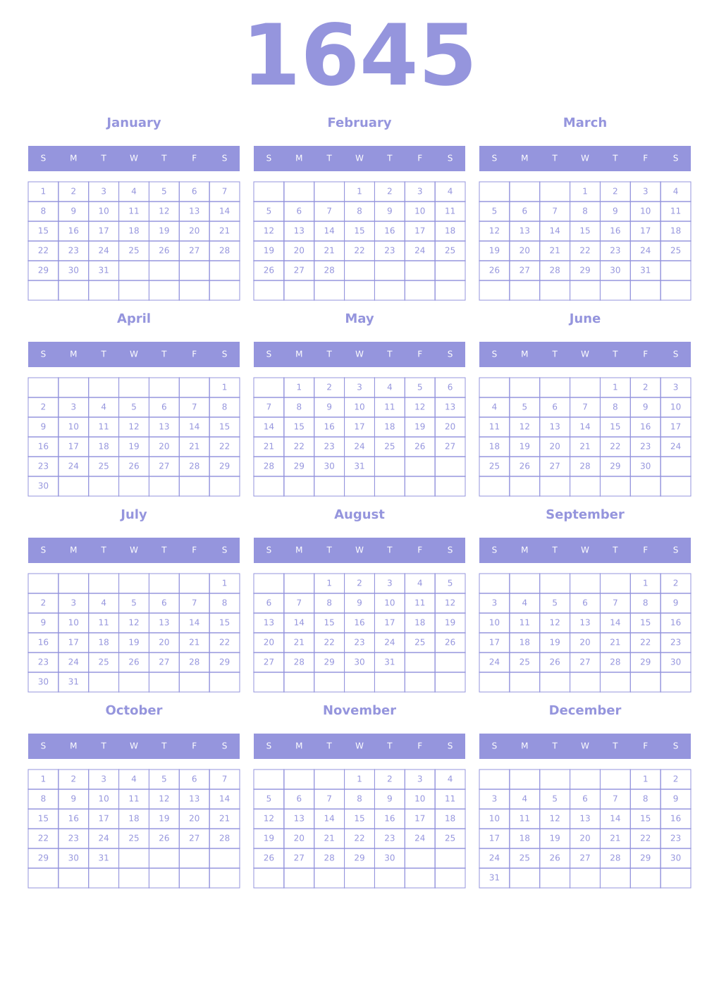 Printable 1645 Year Calendars periwinkle