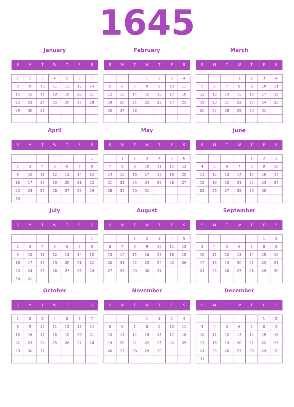 Printable 1645 Year Calendars purple