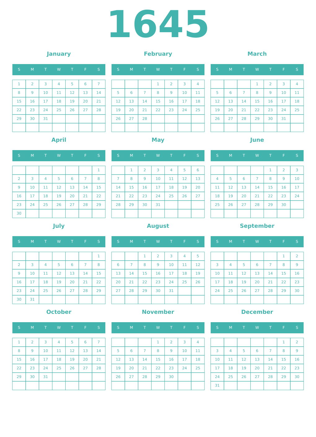 Printable 1645 Year Calendars verdigris