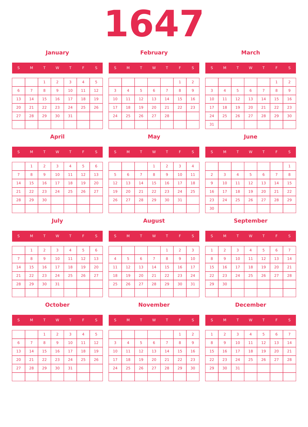 Printable 1647 Year Calendars amaranth