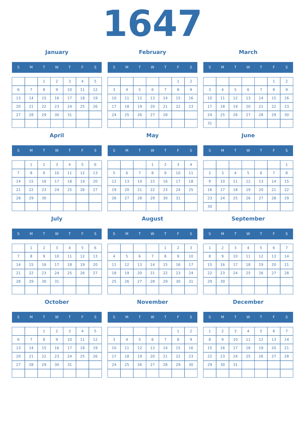 Printable 1647 Year Calendars blue