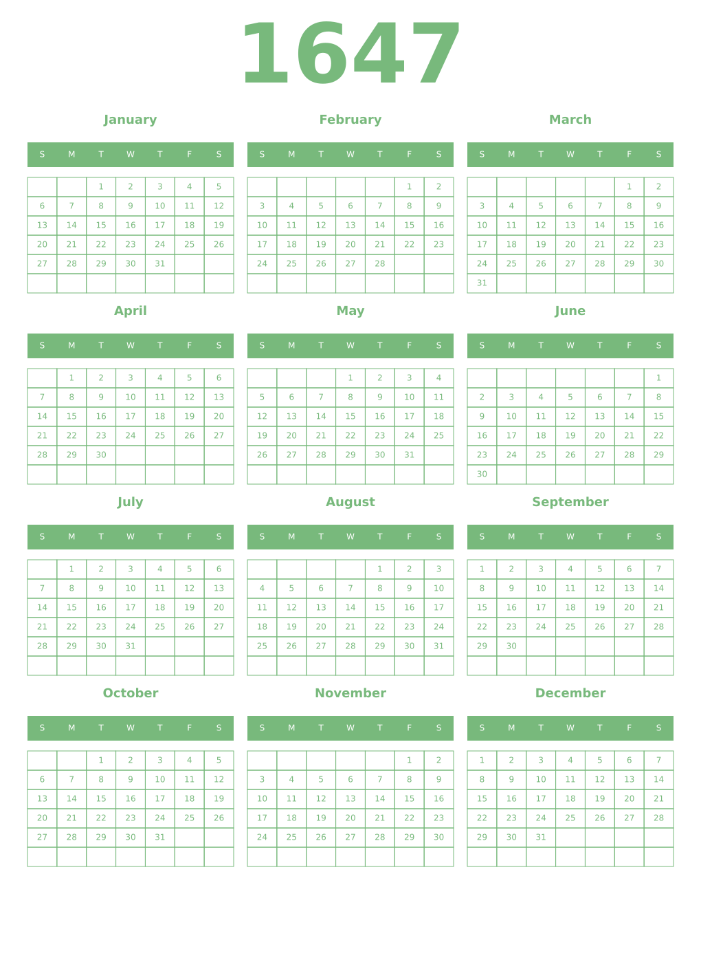 Printable 1647 Year Calendars celadon