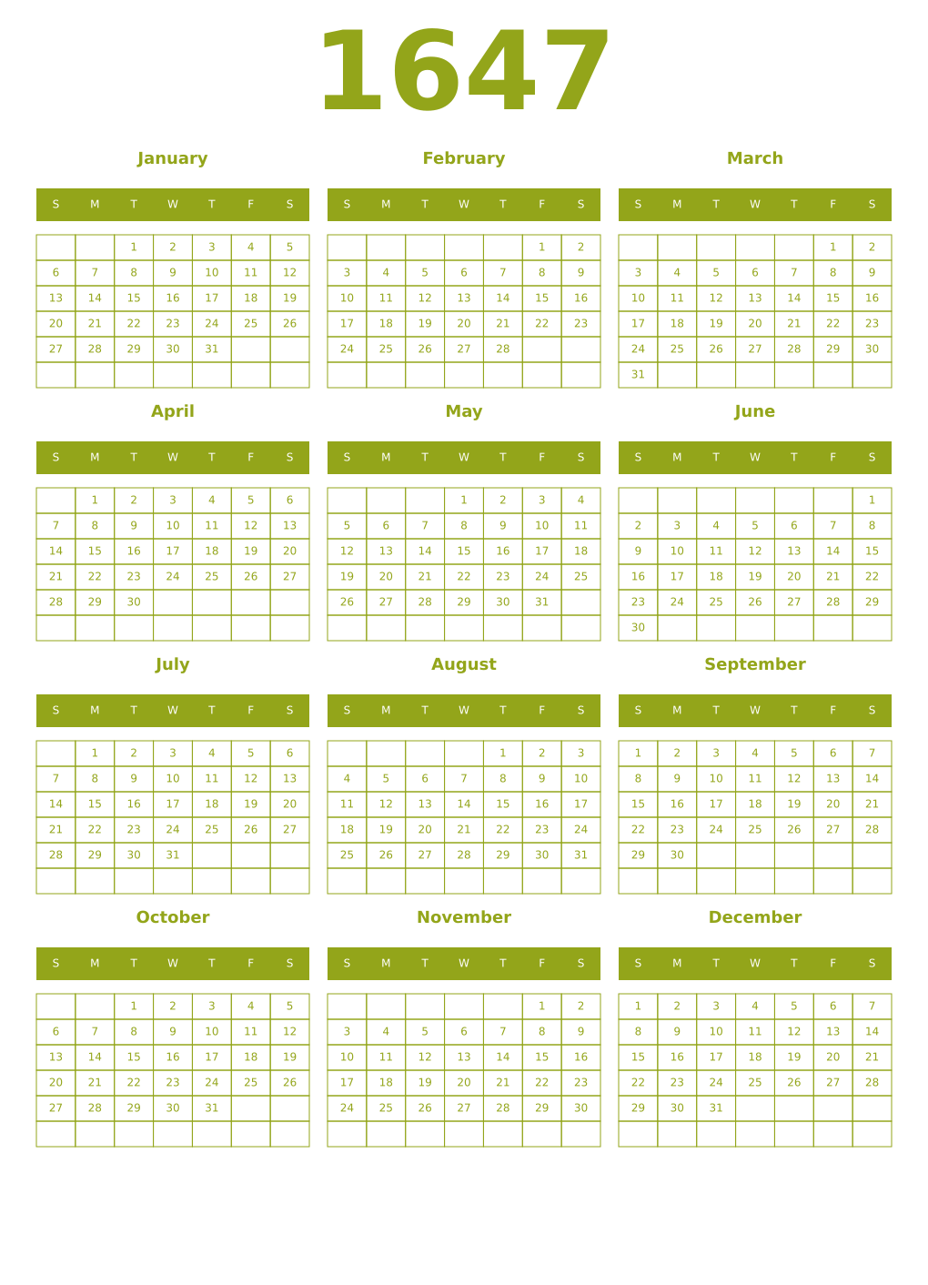 Printable 1647 Year Calendars chartreuse