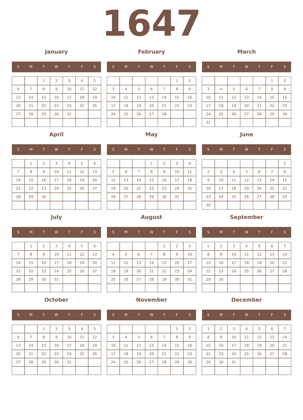 Printable 1647 Year Calendars coffe