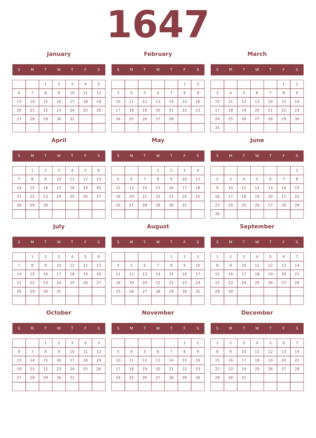 Printable 1647 Year Calendars cordovan