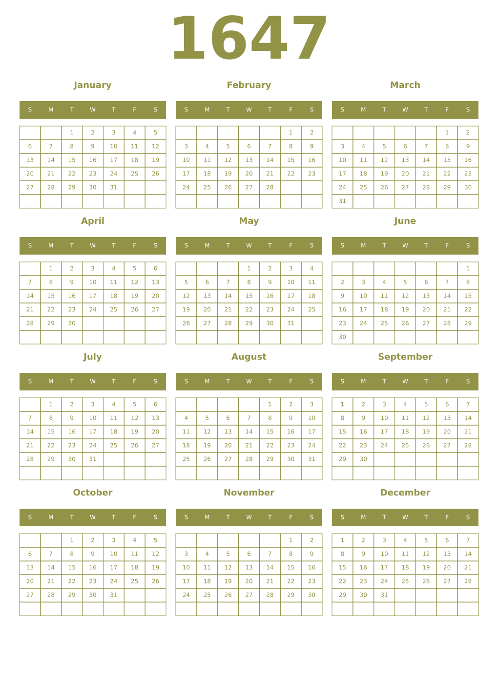 Printable 1647 Year Calendars eburnean