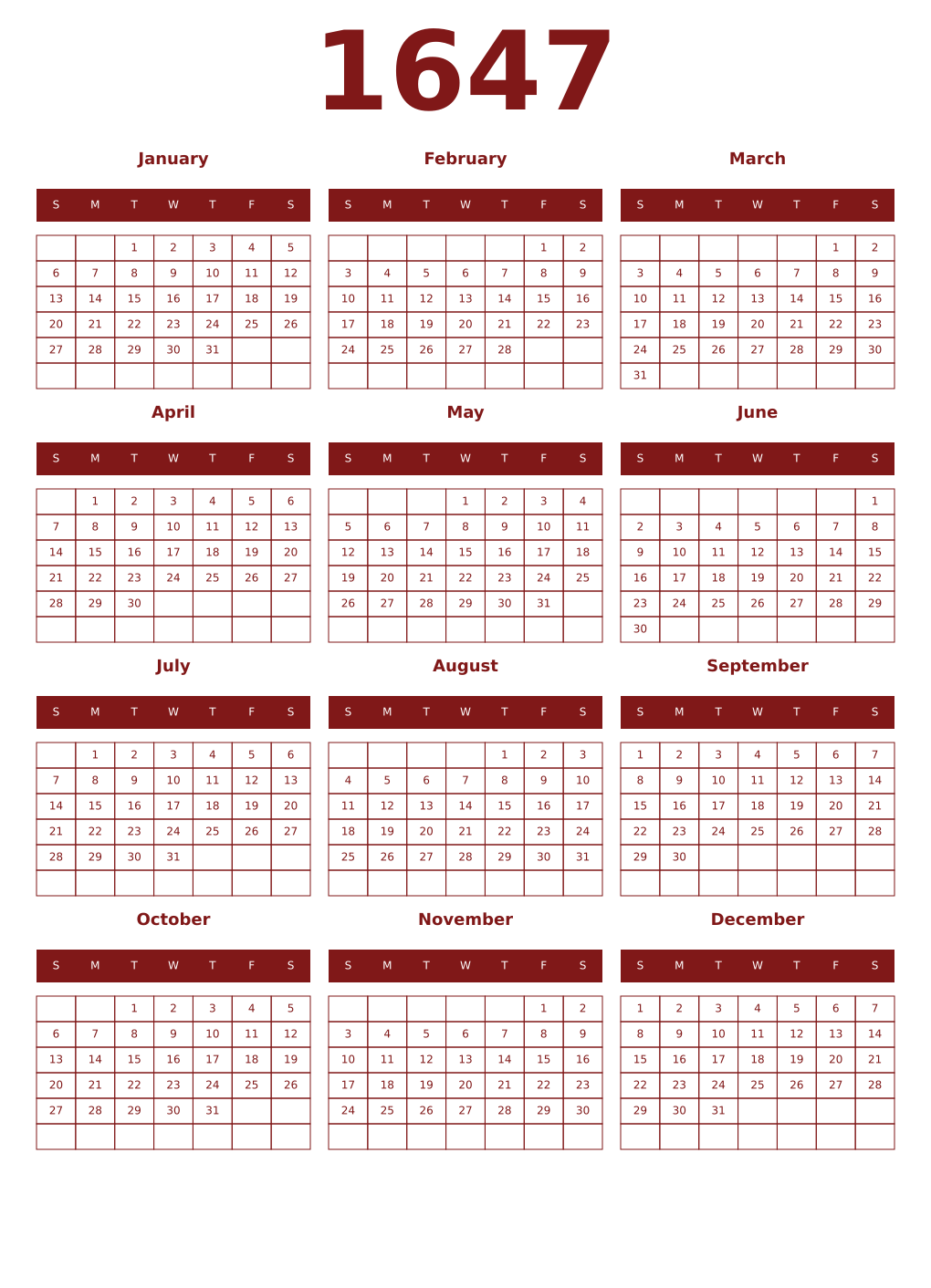Printable 1647 Year Calendars falu