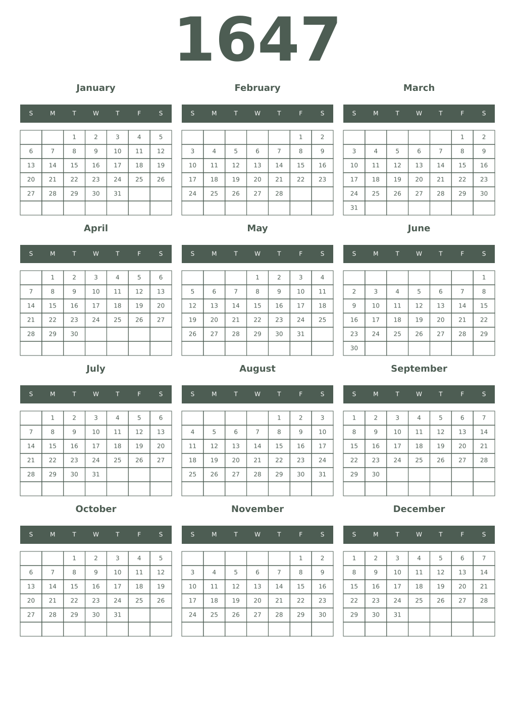 Printable 1647 Year Calendars feldgrau