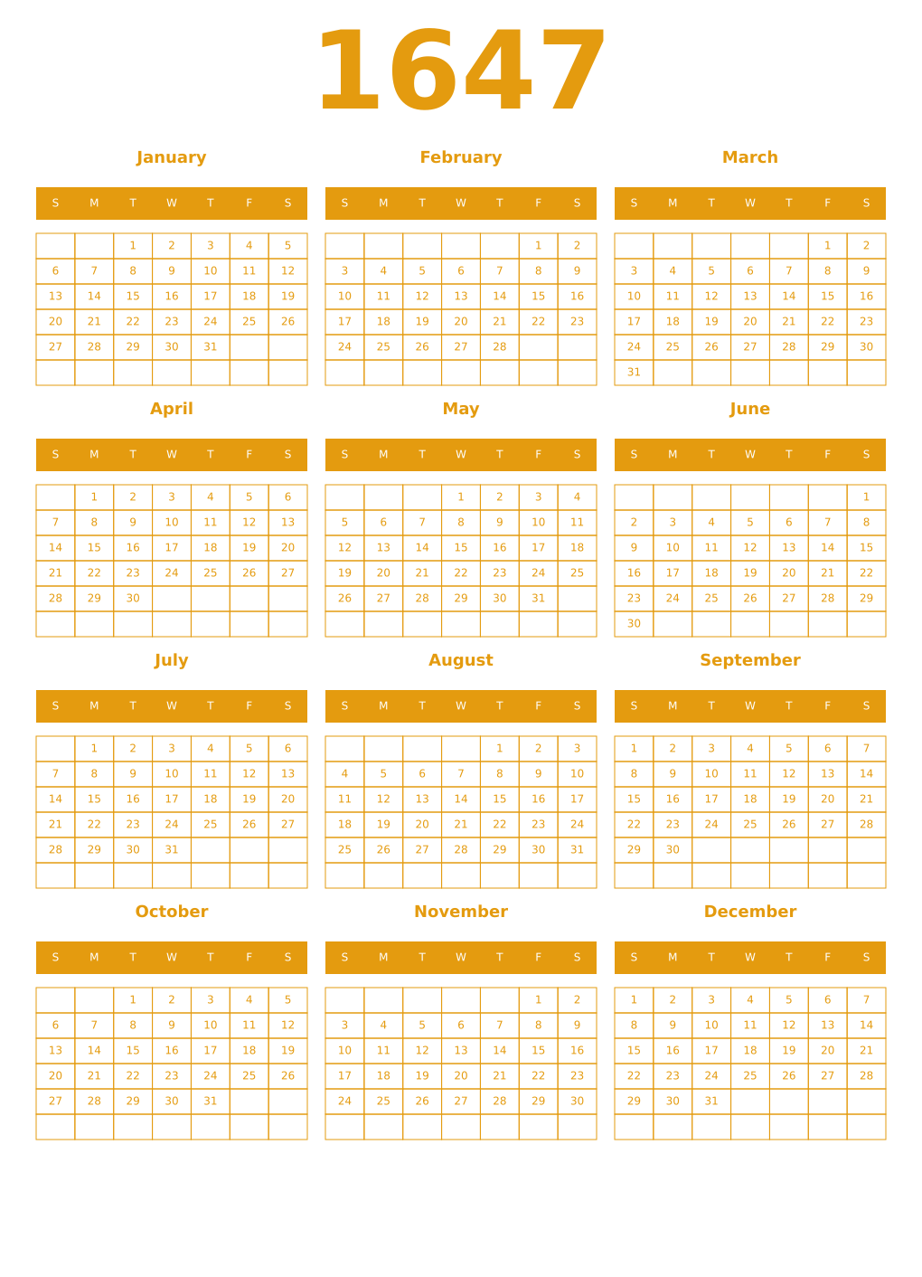 Printable 1647 Year Calendars gamboge