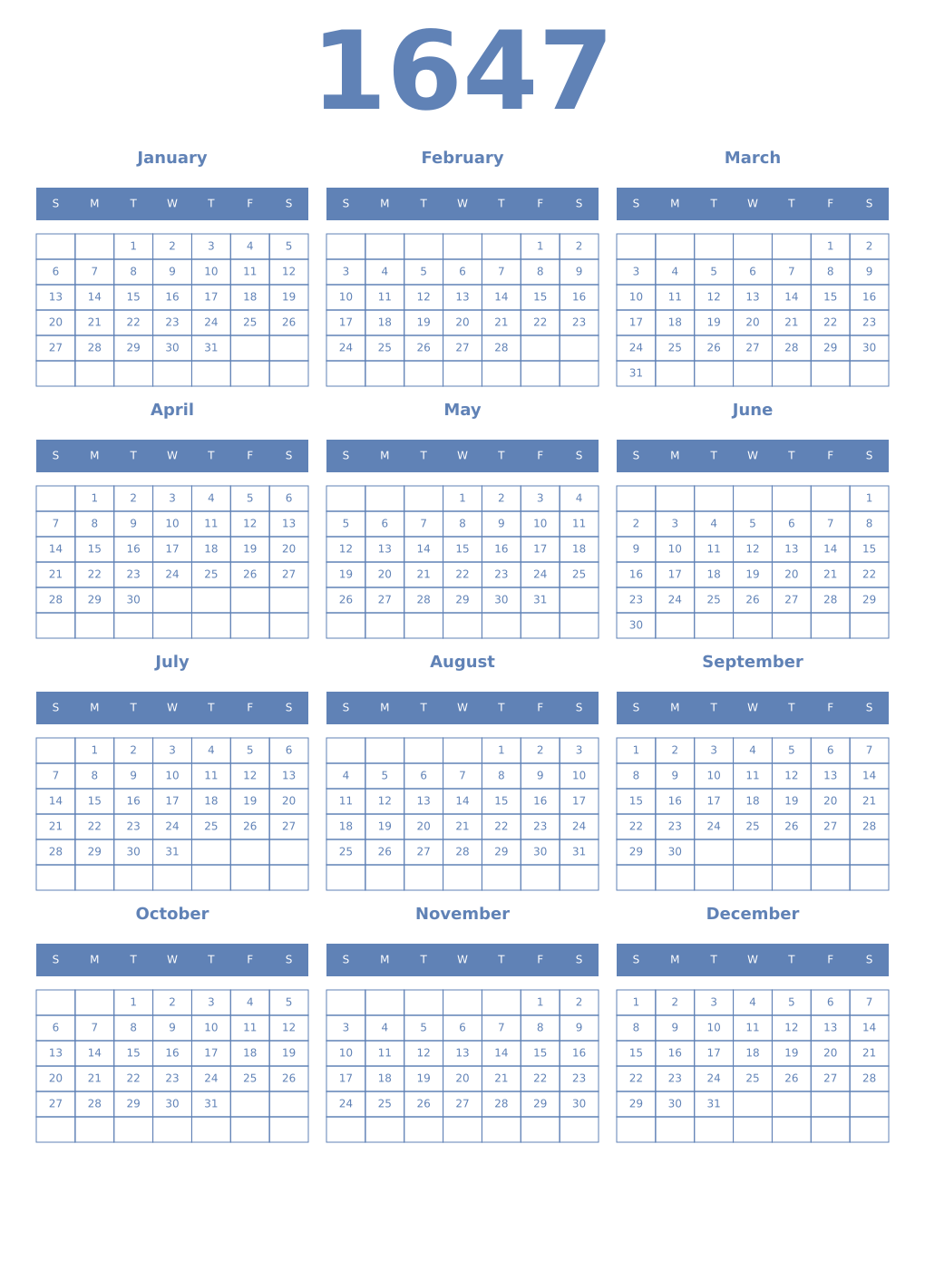 Printable 1647 Year Calendars glaucous