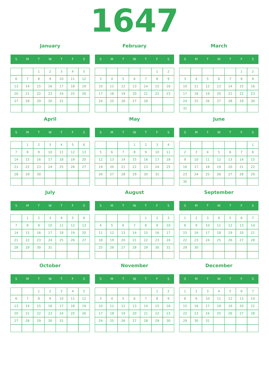 Printable 1647 Year Calendars green