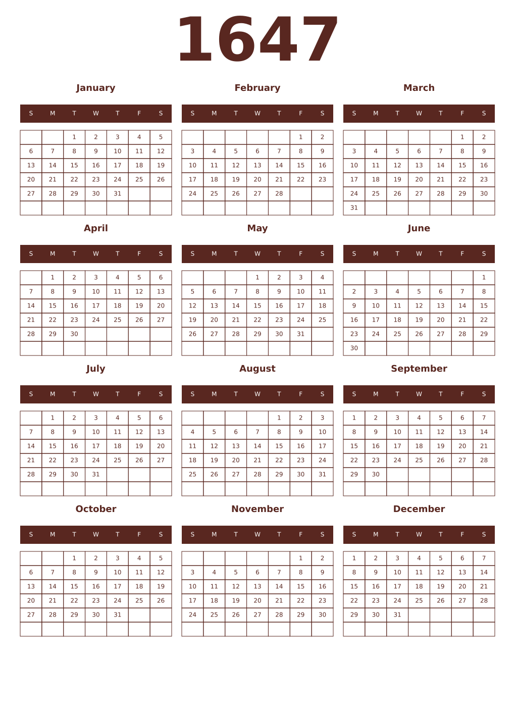 Printable 1647 Year Calendars mortuum