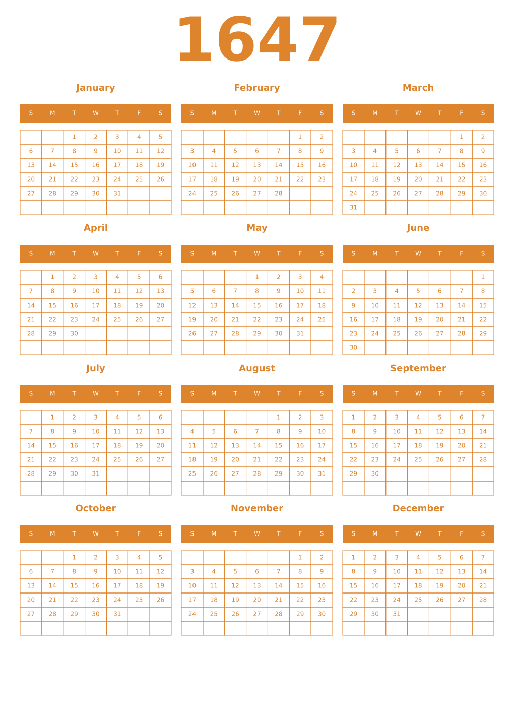 Printable 1647 Year Calendars orange