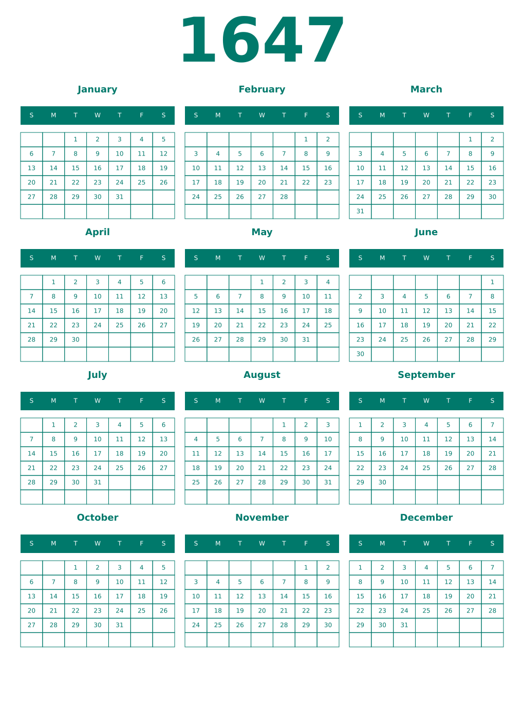 Printable 1647 Year Calendars pastel