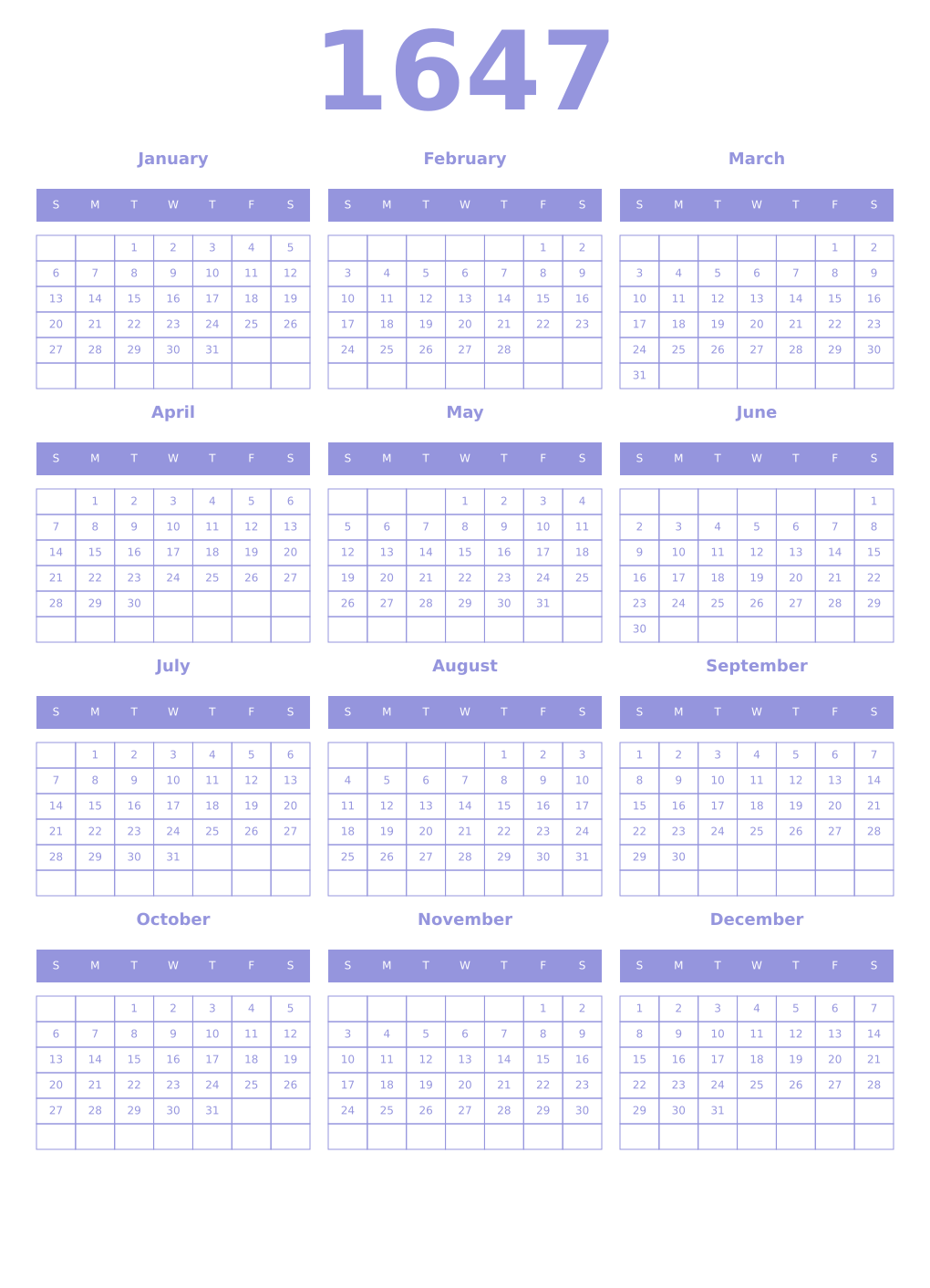 Printable 1647 Year Calendars periwinkle