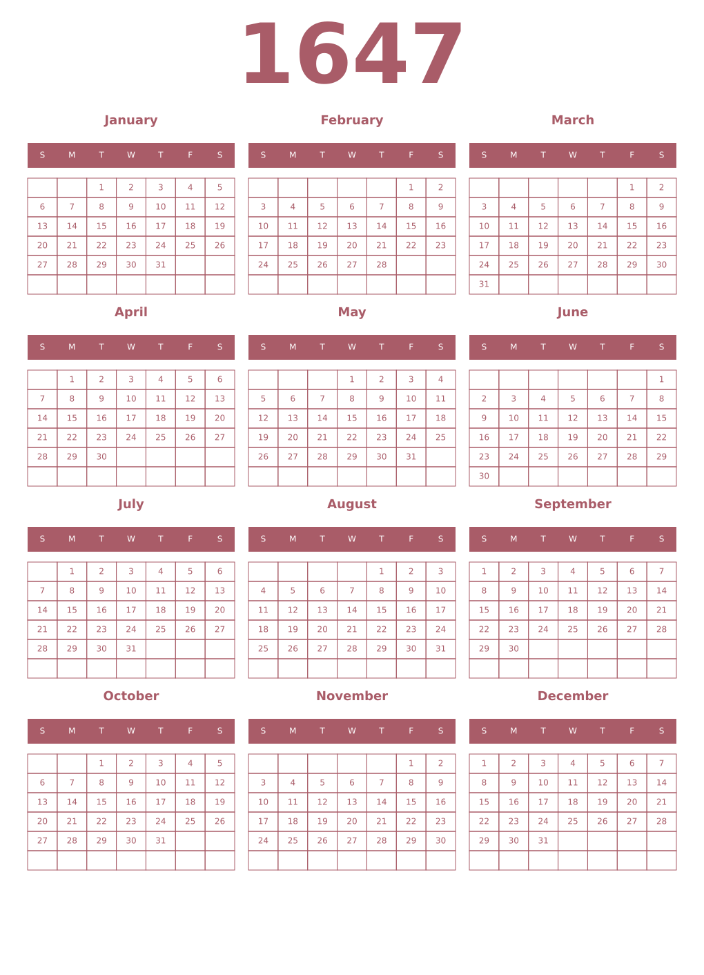 Printable 1647 Year Calendars puce
