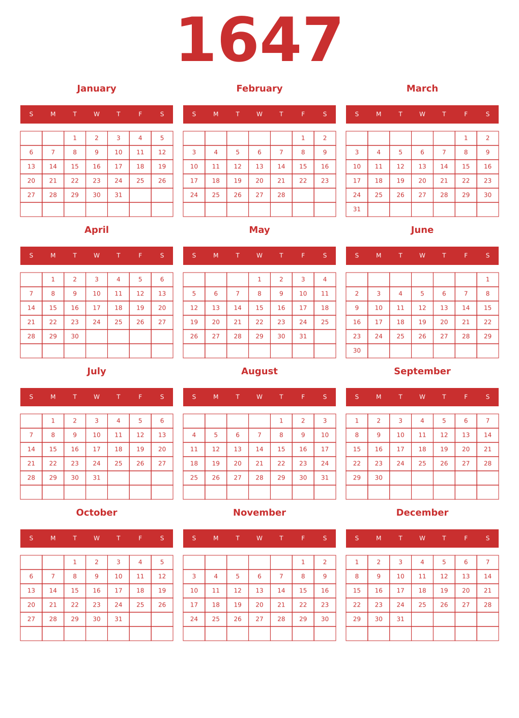 Printable 1647 Year Calendars red