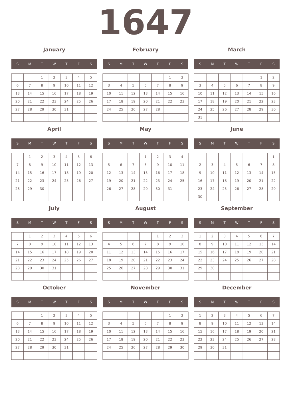 Printable 1647 Year Calendars wenge