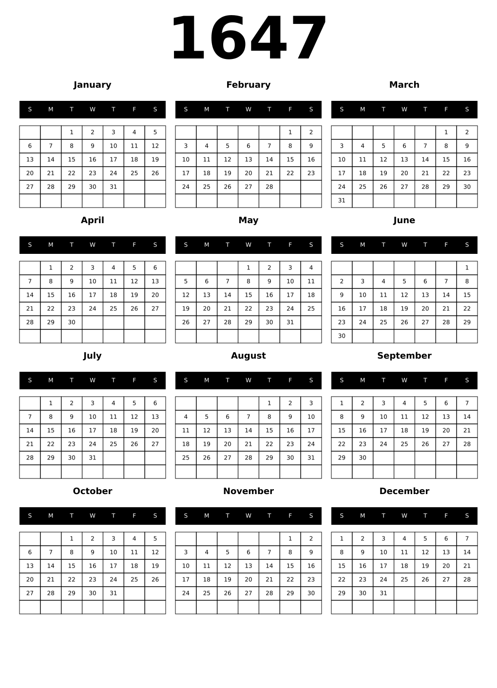 Printable 1647 Calendars