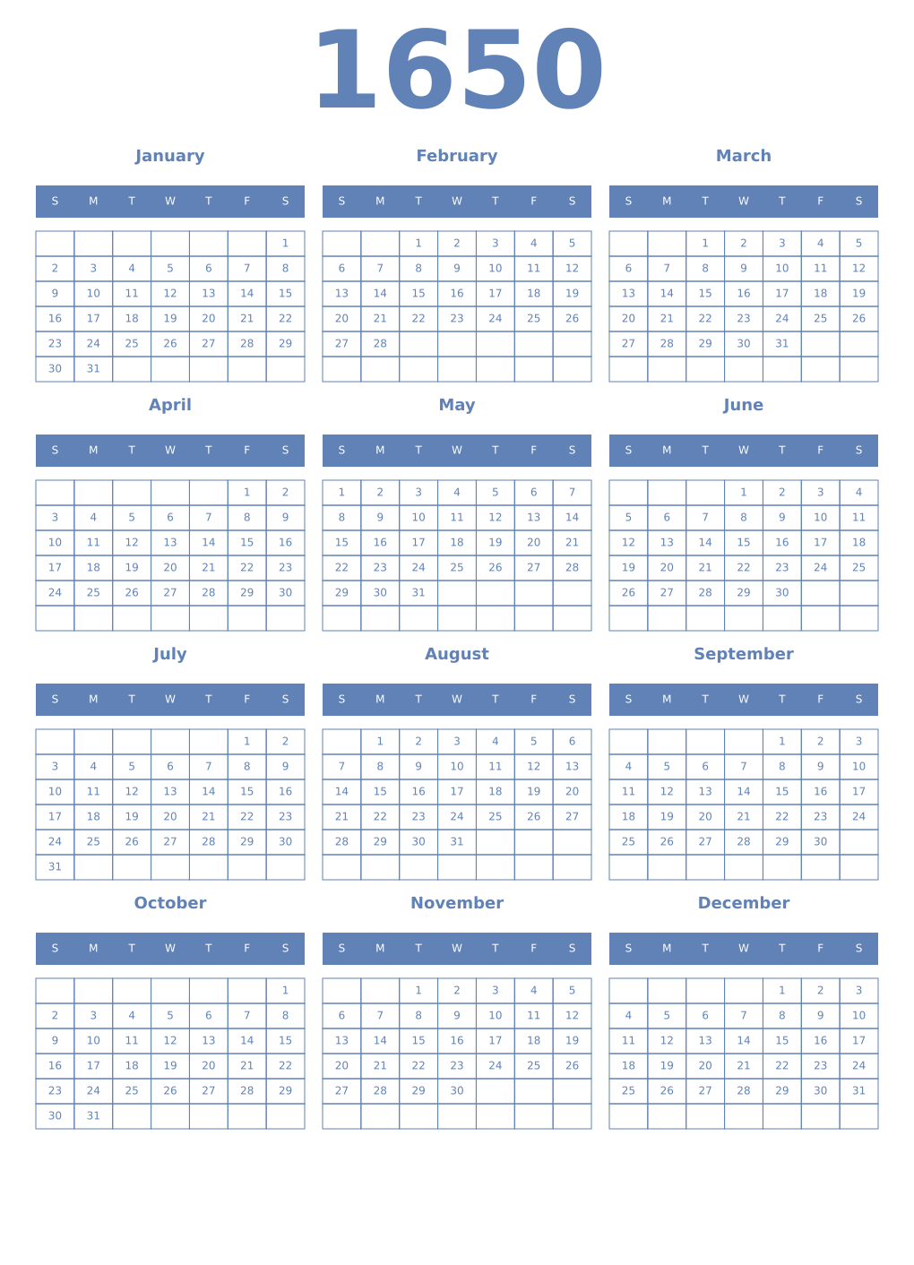 Printable 1650 Year Calendars glaucous