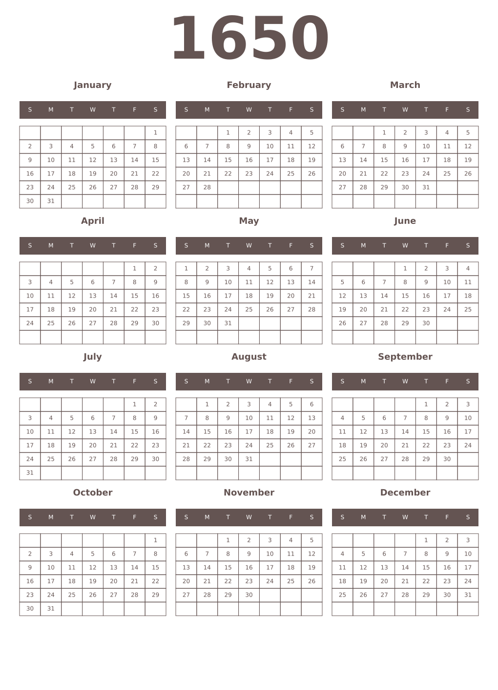 Printable 1650 Year Calendars wenge