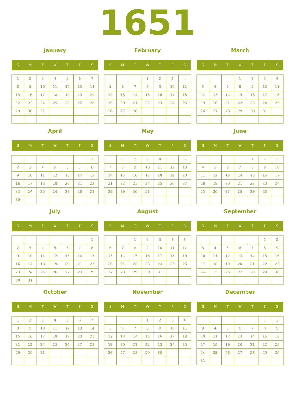 Printable 1651 Year Calendars chartreuse