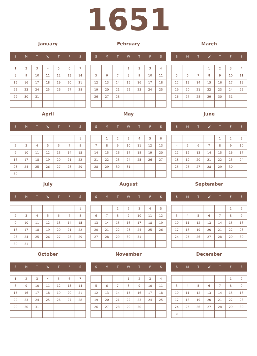Printable 1651 Year Calendars coffe