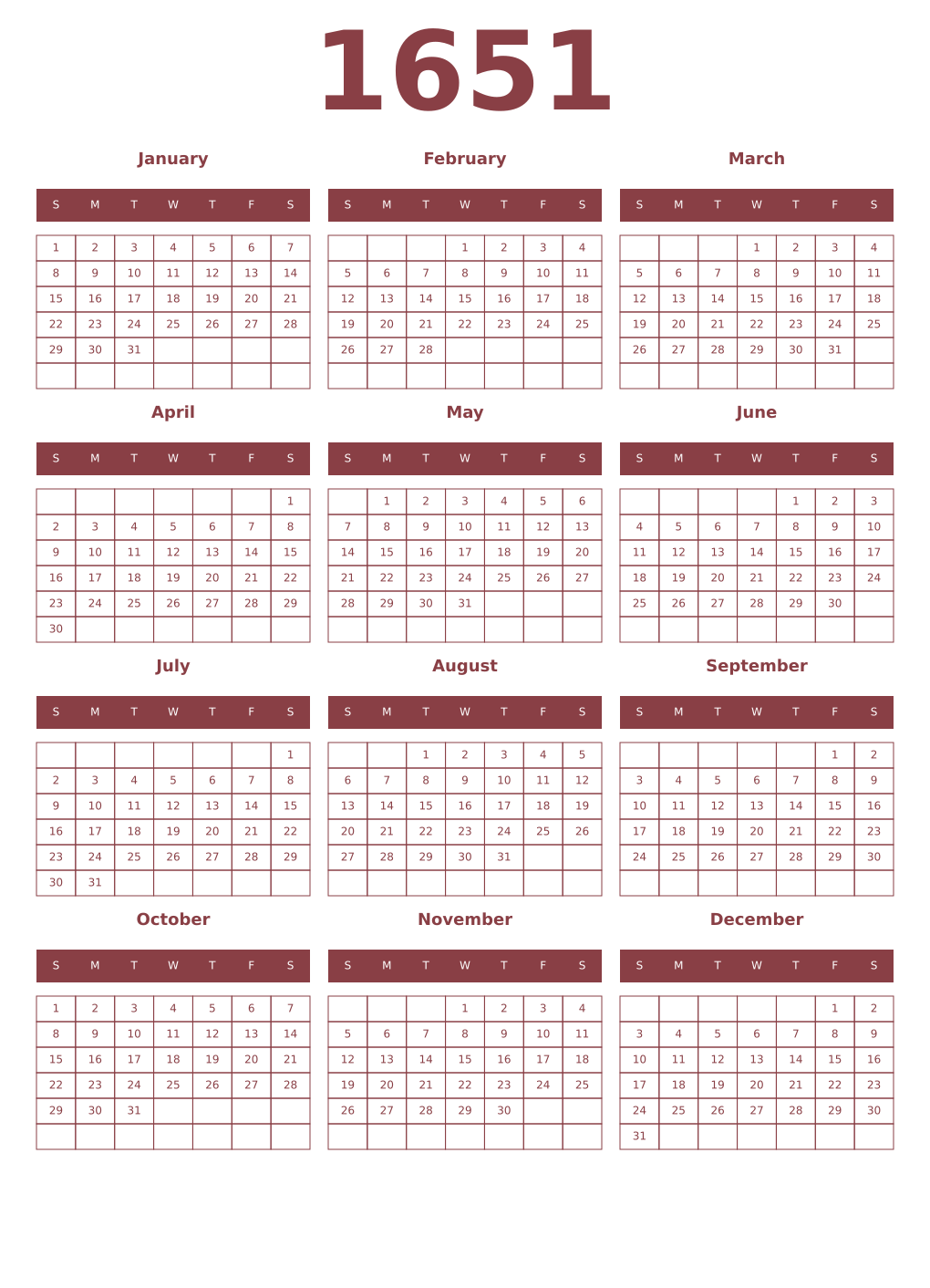 Printable 1651 Year Calendars cordovan
