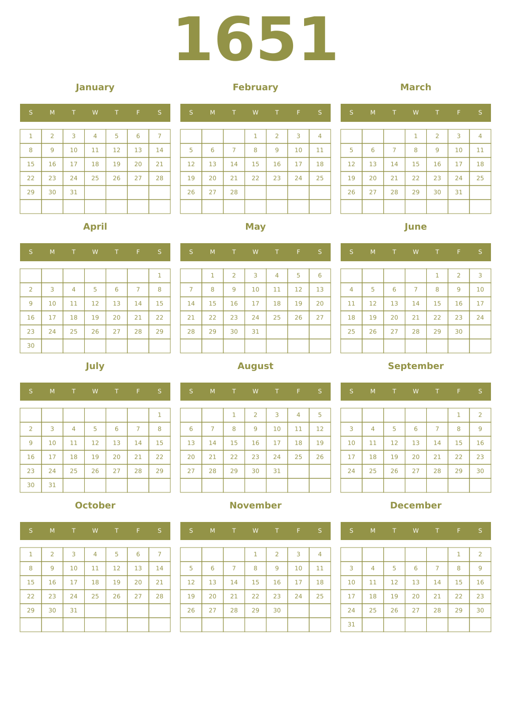 Printable 1651 Year Calendars eburnean