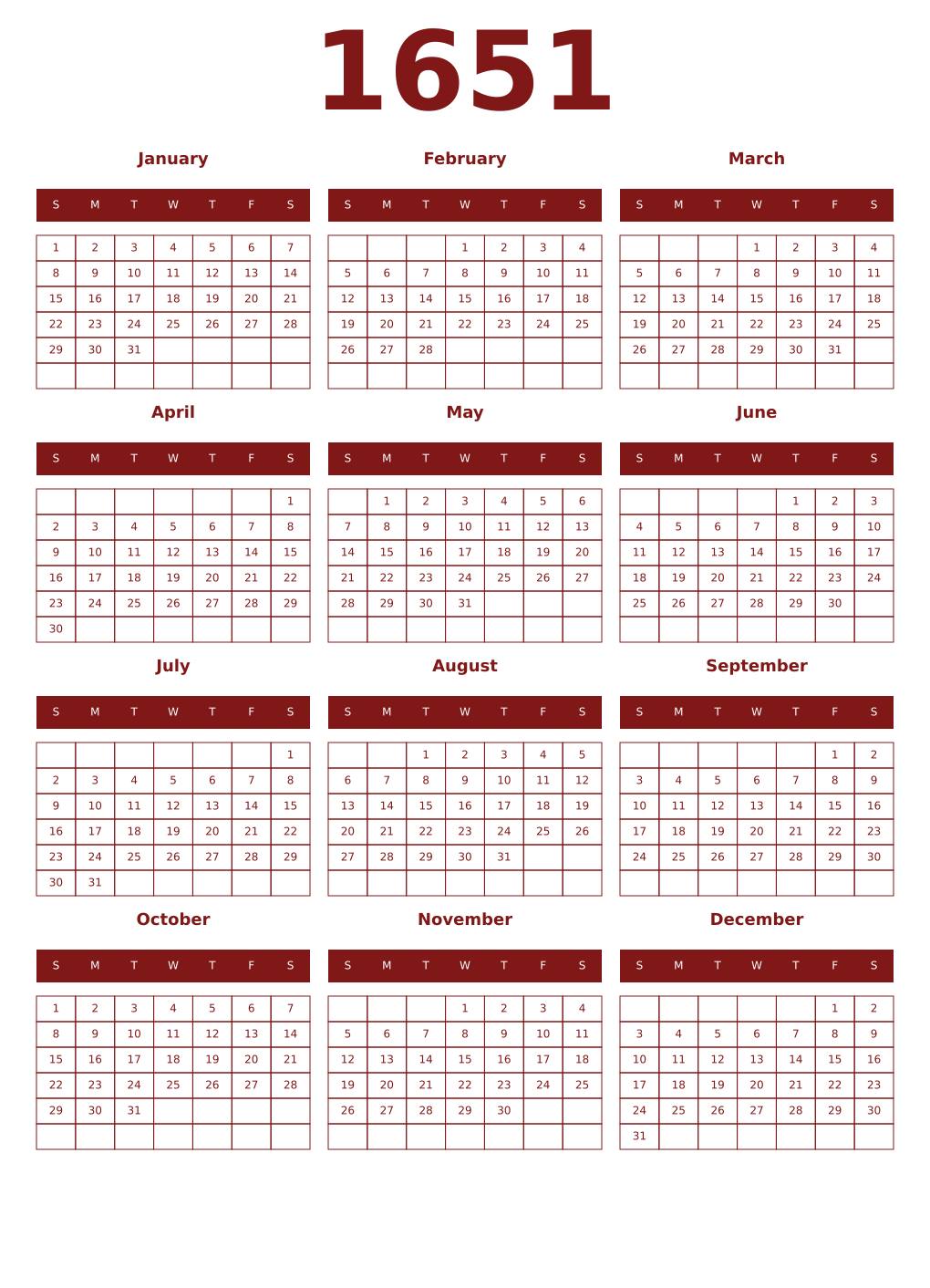 Printable 1651 Year Calendars falu